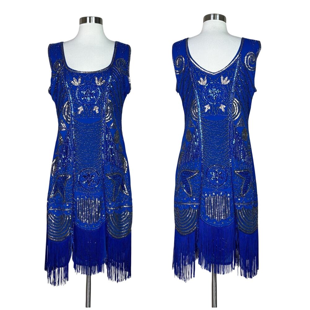 NEW Unique Vintage | Beaded Blue Sequin Fringe Flapper Art Deco Cocktail Dress L